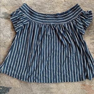 off the shoulder blue and white stripe top